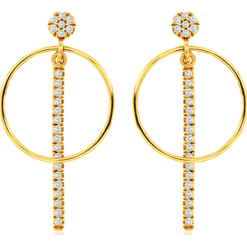14K Yellow Gold Diamond Drop Earrings with Bar Design - 0.20 Carats Total Diamond Weight - Royal Jewelry