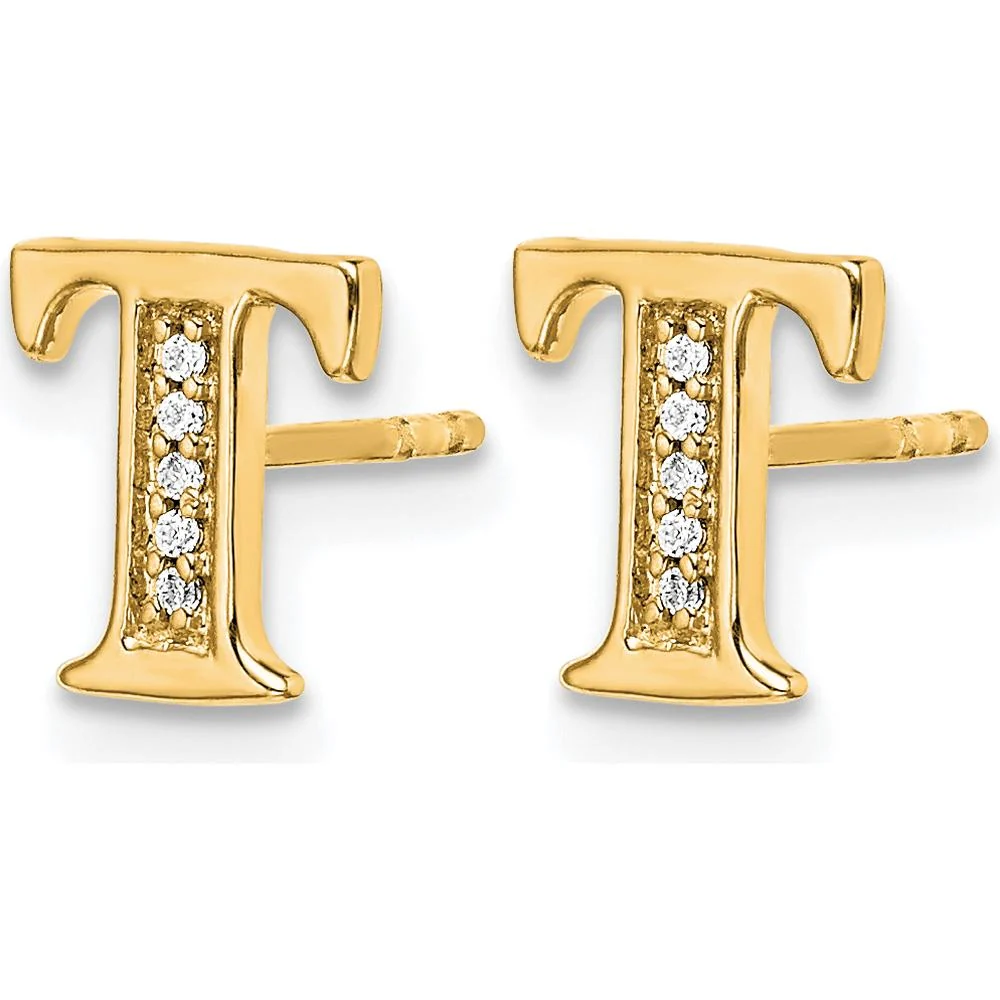 14K Yellow Gold Diamond Initial T Earrings - 0.03 Carats Total Diamond Weight by Monteluci Fine Jewelry - Image 2