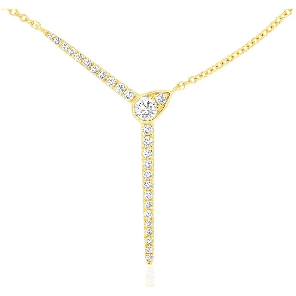 14K Yellow Gold Diamond Lariat Necklace with 0.19 Carat Bezel-Set Round Center Stone and Pavé Diamond Drop - Royal Jewelry