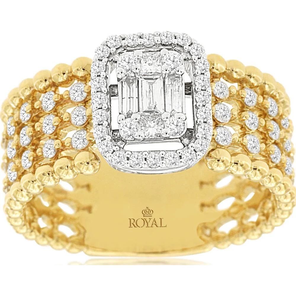 14K Yellow Gold Diamond Ring with Emerald-Cut Center and Halo - 0.65 Carats Total Diamond Weight - Royal Jewelry
