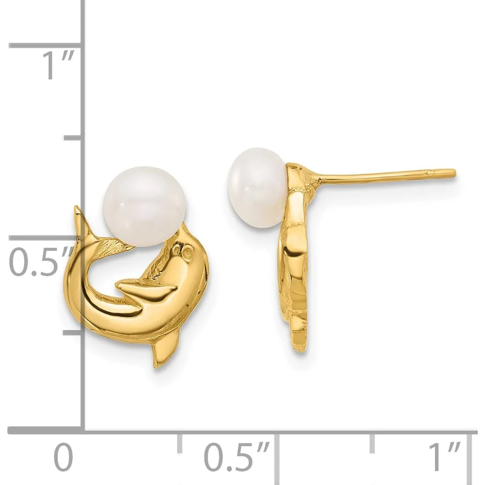 14K Yellow Gold Dolphin Post Earrings with White Freshwater Cultured Pearls - 5-6mm Button Shape by Monteluci Fine Jewelry - Image 4