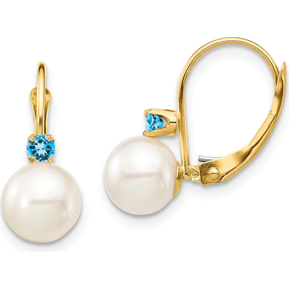 14K Yellow Gold Drop Earrings with 7-7.5mm Freshwater Cultured Pearls and 0.18 Carat Swiss Blue Topaz - Women's Birthstone Jewelry by Monteluci Fine Jewelry
