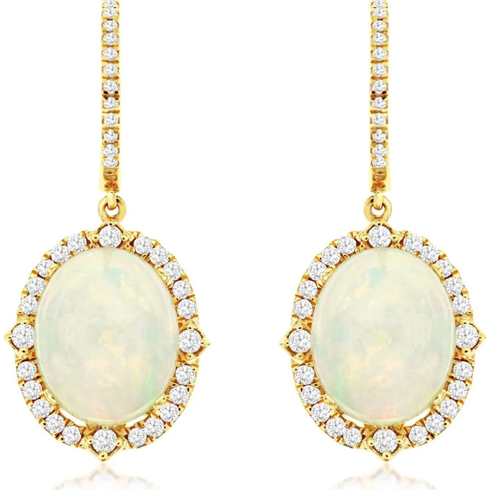14K Yellow Gold Drop Earrings with Oval Opals and Diamond Halo Accents - 6.00 Carat Total Opal Weight, 0.70 Carat Total Diamond Weight - Royal Jewelry