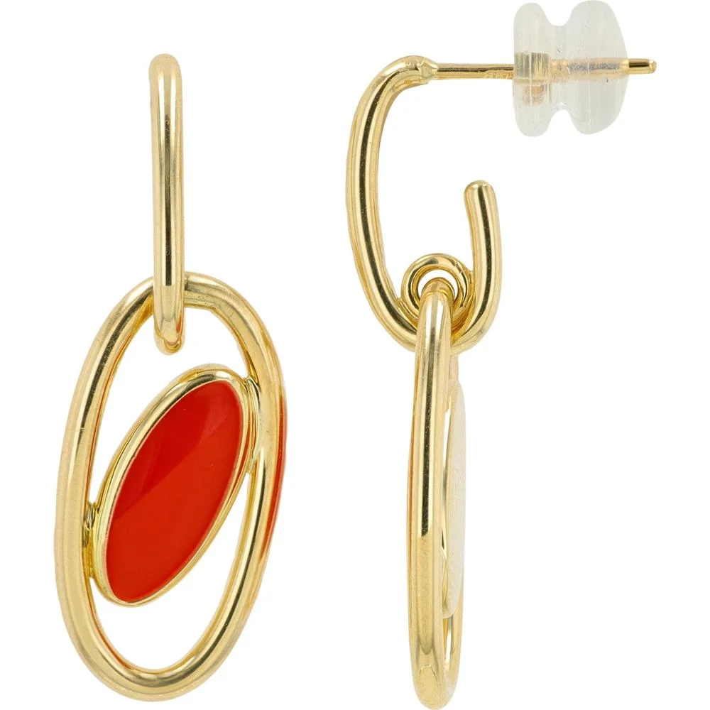 14K Yellow Gold Drop Earrings with Red Enamel Accents - 0.25 Carat Total Gem Weight - Image 2