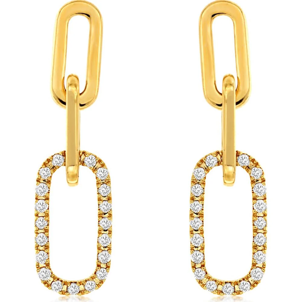 14K Yellow Gold Elongated Oval Link Drop Earrings with Round Diamonds - 0.20 Carat Total Diamond Weight - Royal Jewelry