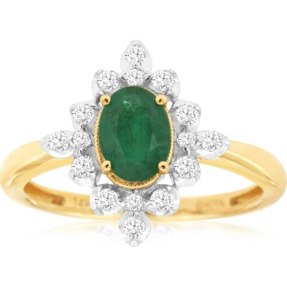 14K Yellow Gold Emerald and Diamond Halo Ring - 0.75 Carats Emerald, 0.25 Carats Diamond Total Weight - Royal Jewelry