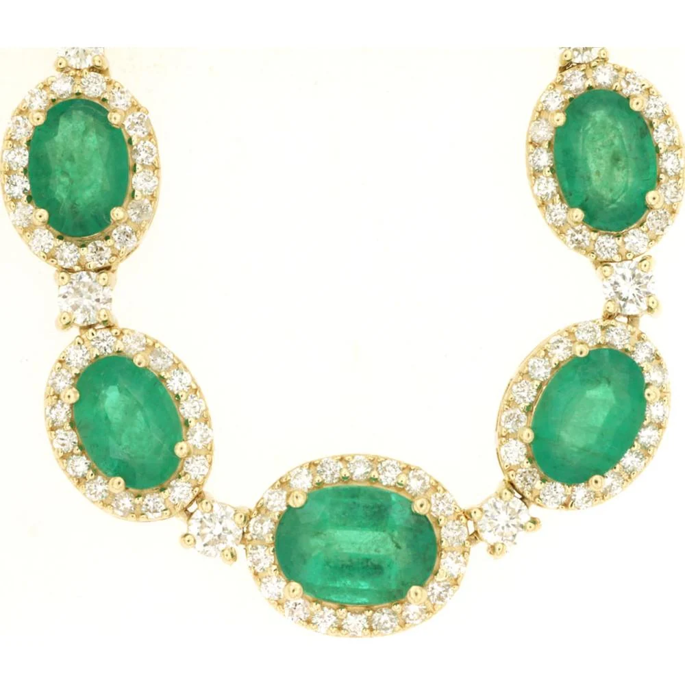 14K Yellow Gold Emerald and Diamond Necklace - 12 Carats Total Emerald Weight, 5.4 Carats Total Diamond Weight - Royal Jewelry