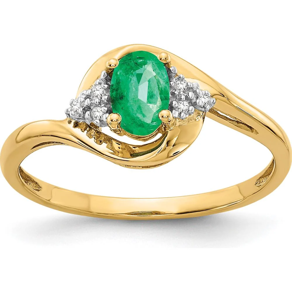 14K Yellow Gold Emerald and Diamond Ring with Oval Emerald and Round Diamonds - 0.42 Carat Total Emerald Weight - Size 7 by Oro Pregiato