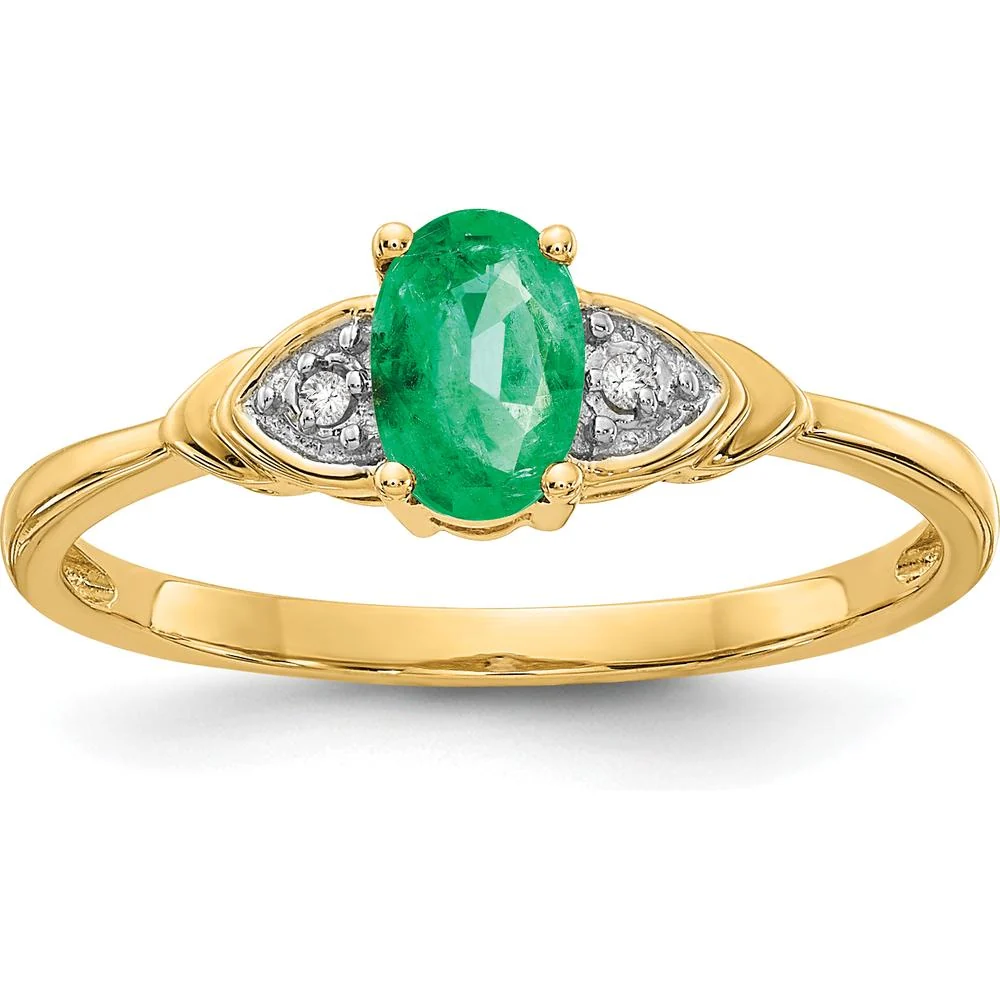 14K Yellow Gold Emerald and Diamond Ring with Oval Emerald and Round Diamonds - 0.42 Carat Total Gem Weight - Size 7 by Oro Pregiato