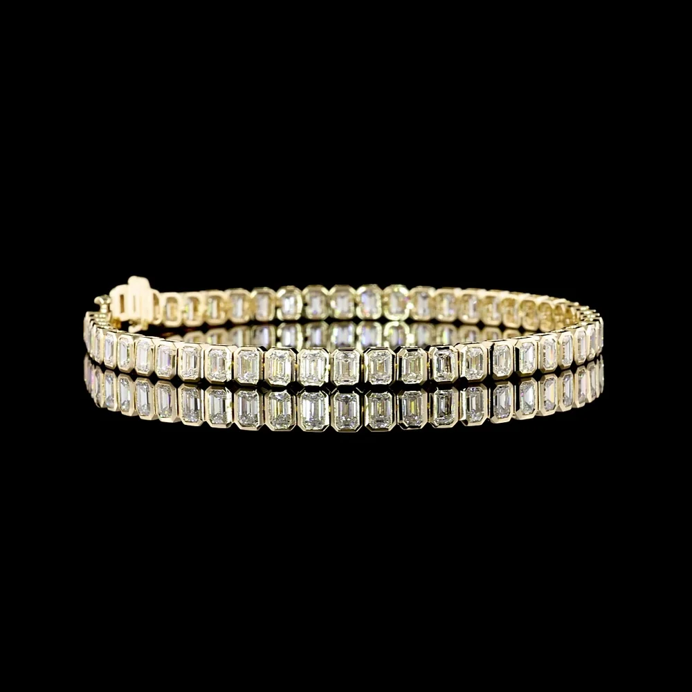 14K Yellow Gold Emerald Cut Lab Diamond Tennis Bracelet with Bezel Setting - 7.29 Total Carat Weight (50 Stones, E-F Color, VS Clarity) - Covaloro Fine Jewelry