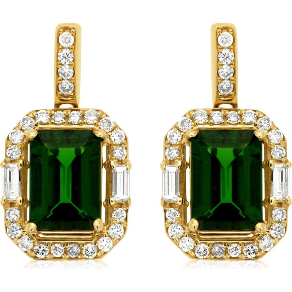 14K Yellow Gold Emerald-Cut Russalite and Diamond Drop Earrings with Baguette and Round Halo - 1.85 Carat Total Russalite, 0.36 Carat Total Diamond Weight - Royal Jewelry