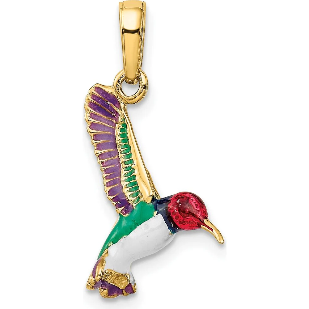 14K Yellow Gold Enameled 3D Hummingbird Pendant with Multi-Colored Enamel by Oro Pregiato - Image 3