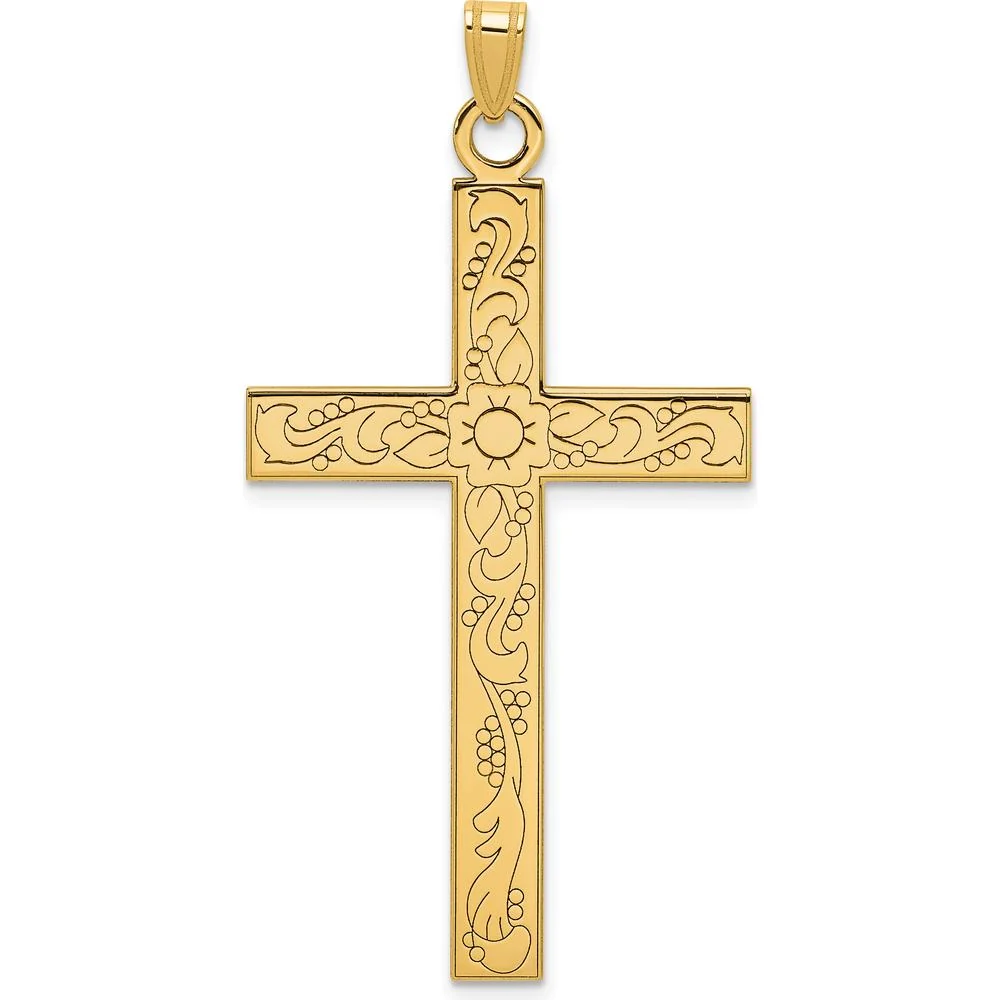 14K Yellow Gold Etched Floral Cross Pendant with Polished Finish - 49mm Length by Oro Pregiato