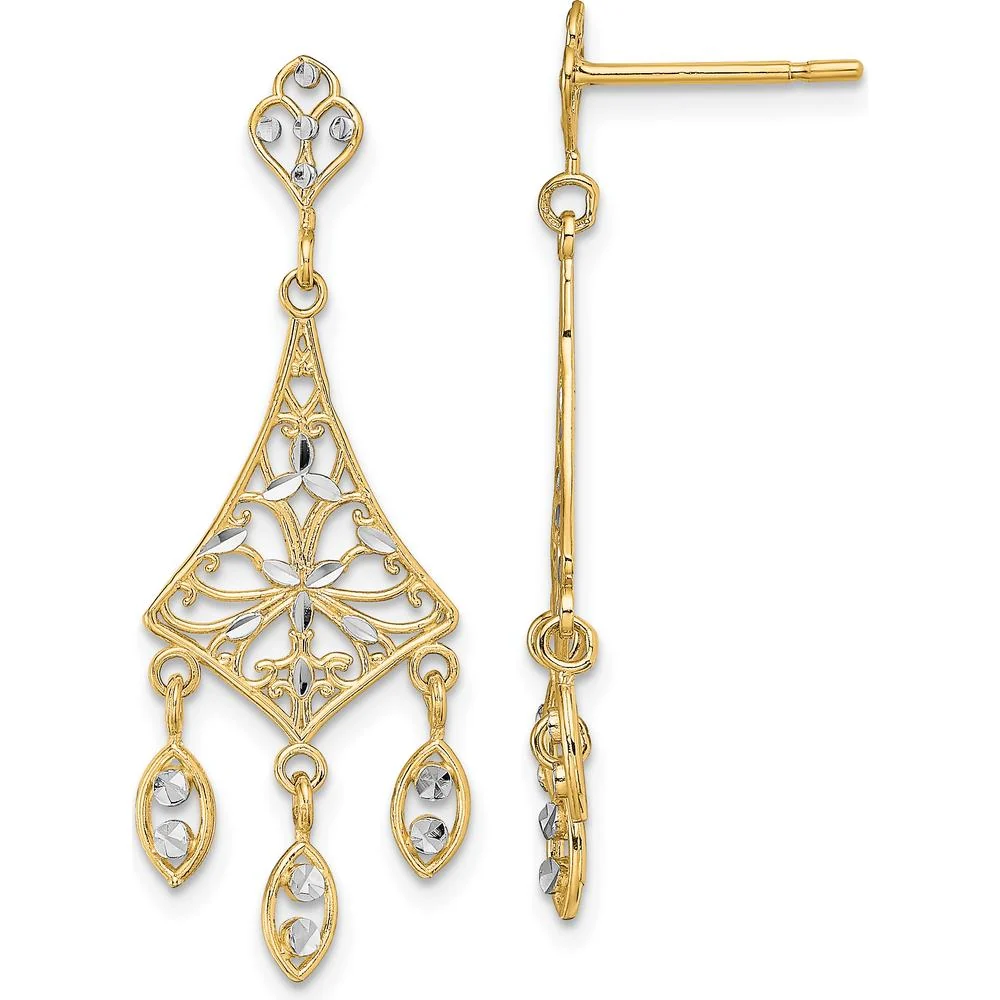14K Yellow Gold Filigree Diamond-Cut Chandelier Earrings with Rhodium Accents by Oro Pregiato