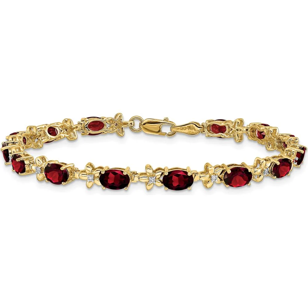 14K Yellow Gold Floral Bracelet with 14 Oval Garnet and Round Diamonds - 0.60 Carats Total Garnet Weight, 0.11 Carats Total Diamond Weight by Monteluci Fine Jewelry - Image 3