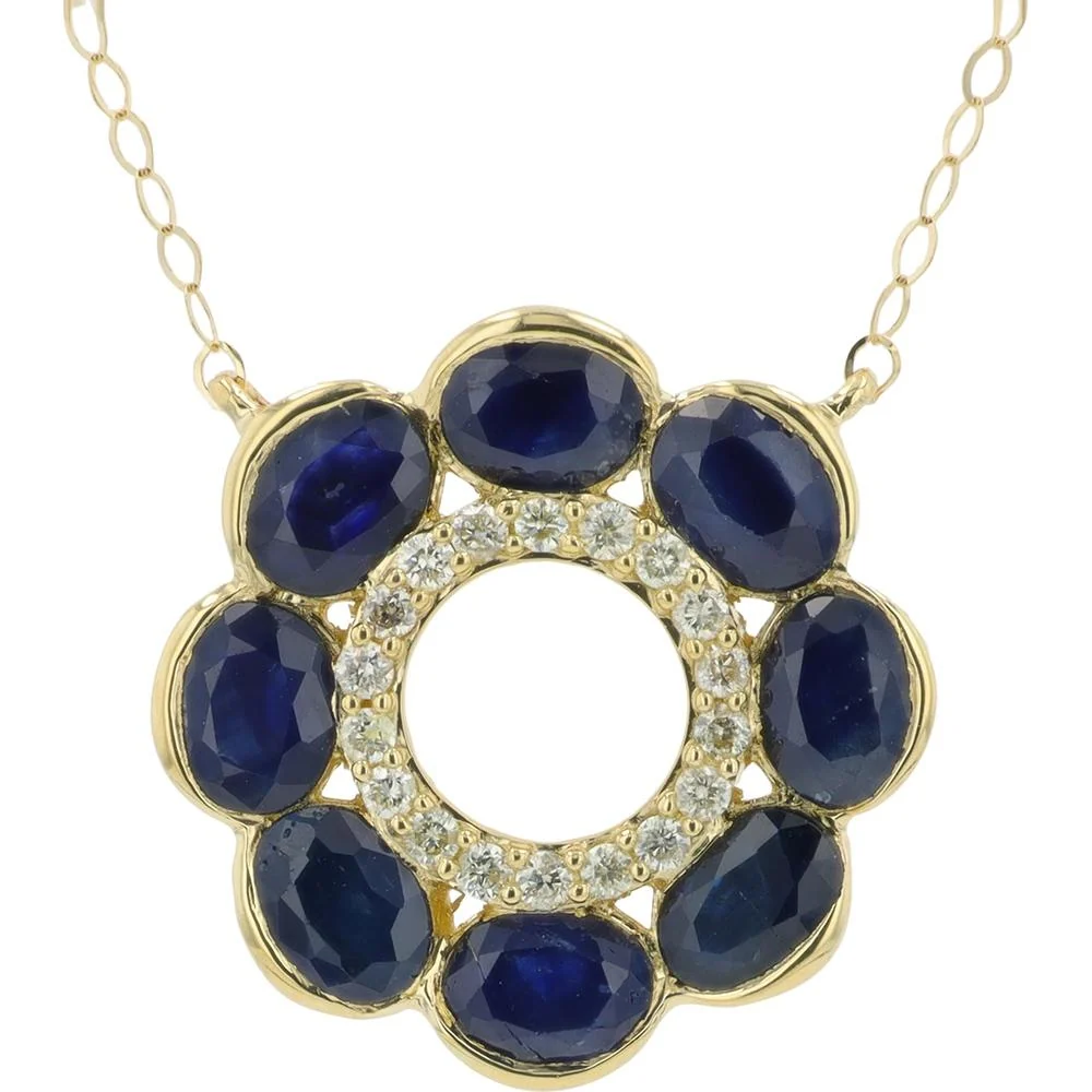14K Yellow Gold Flower Pendant Necklace with Oval Sapphire and Diamond Accents - 1.75 Carat Total Gem Weight