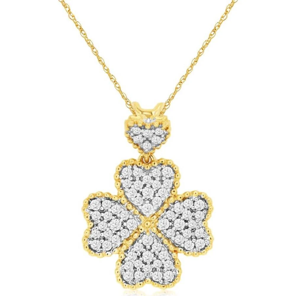 14K Yellow Gold Four-Leaf Clover Motif Pendant with Pave-Set Round Diamonds - 0.20 Carat Total Diamond Weight - Royal Jewelry