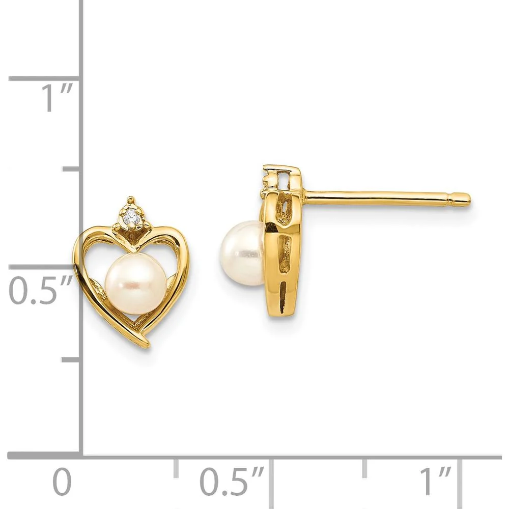 14K Yellow Gold Freshwater Cultured Pearl and Round Diamond Heart Earrings - 0.01 Carat Total Diamond Weight by Oro Pregiato - Image 4