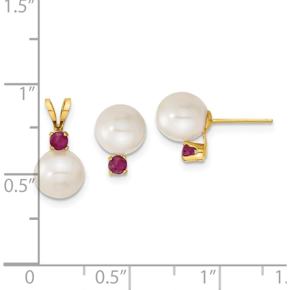 14K Yellow Gold Freshwater Cultured Pearl and Ruby Post Earrings and Pendant Set - 0.30 Carat Total Ruby Weight by Monteluci Fine Jewelry - Image 3