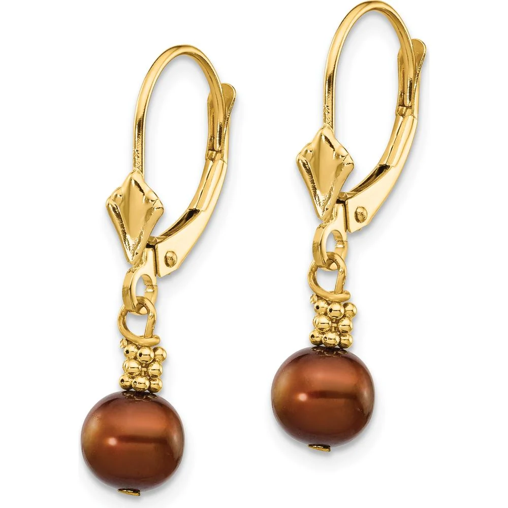 14K Yellow Gold Freshwater Cultured Pearl Dangle Earrings - 5-6mm Brown Pearls by Monteluci Fine Jewelry - Image 2