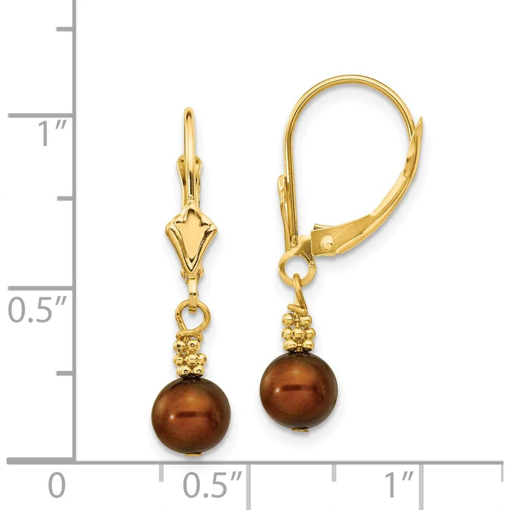 14K Yellow Gold Freshwater Cultured Pearl Dangle Earrings - 5-6mm Brown Pearls by Monteluci Fine Jewelry - Image 4