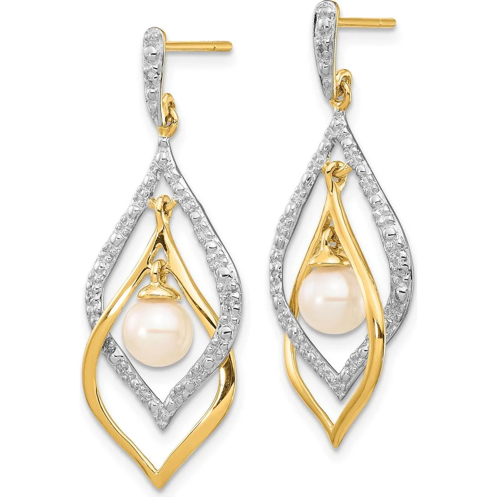14K Yellow Gold Freshwater Pearl and Diamond Dangle Earrings - 0.02 Carat Total Diamond Weight by Monteluci Fine Jewelry - Image 2
