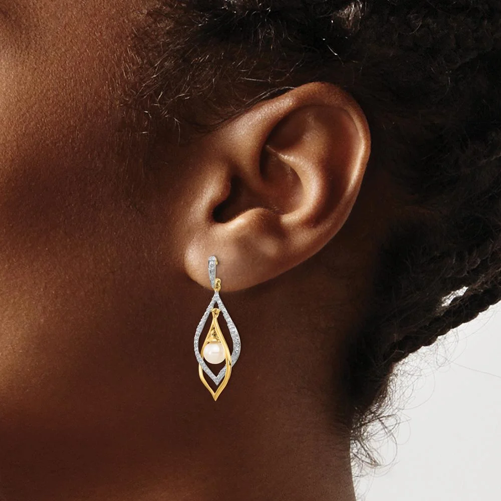 14K Yellow Gold Freshwater Pearl and Diamond Dangle Earrings - 0.02 Carat Total Diamond Weight by Monteluci Fine Jewelry - Image 3