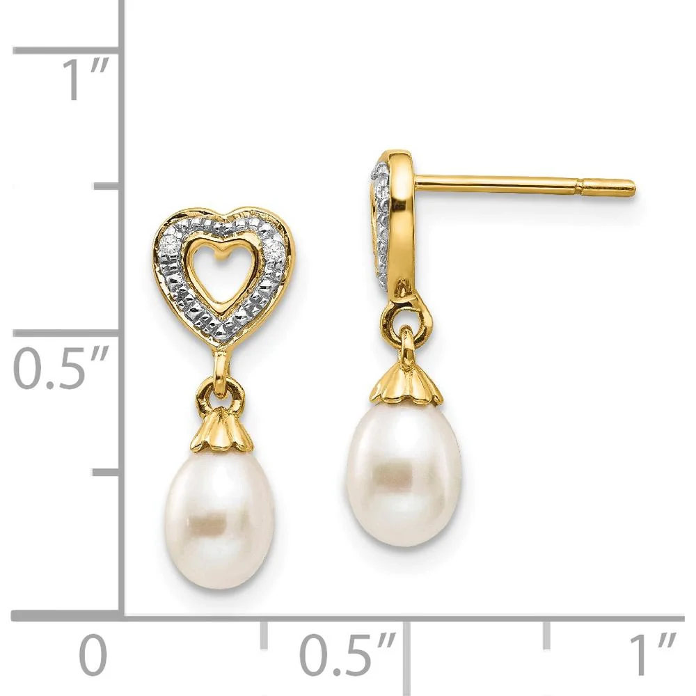 14K Yellow Gold Freshwater Pearl and Diamond Heart Dangle Earrings - 0.013 Carat Total Diamond Weight by Monteluci Fine Jewelry - Image 4