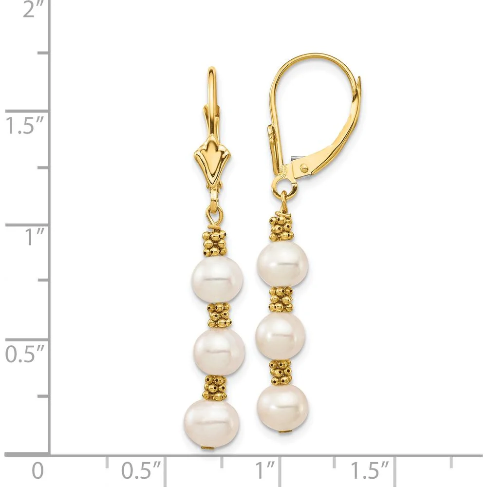 14K Yellow Gold Freshwater Pearl Dangle Earrings - 5-6mm Semi-Round Cultured Pearls by Monteluci Fine Jewelry - Image 4