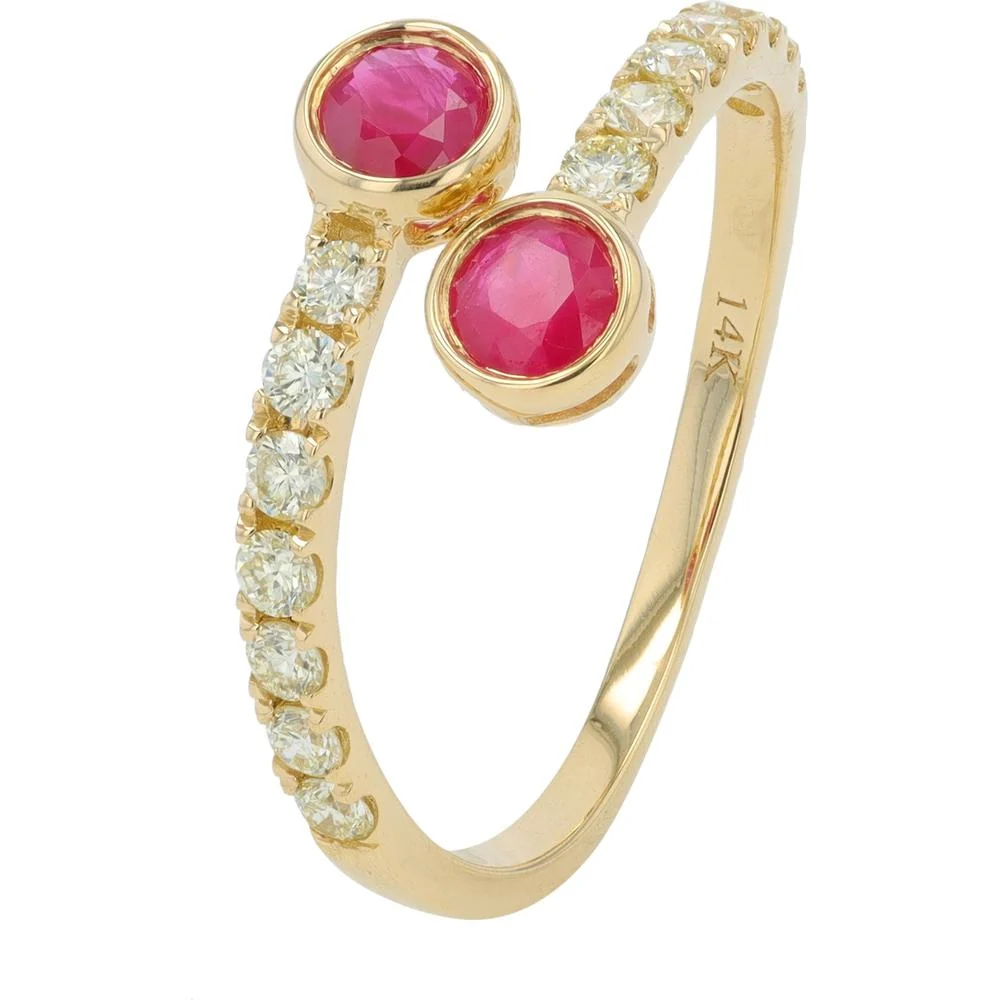 14K Yellow Gold Gemstone Bypass Ring with Rubies and Diamonds - 0.75 Carat Total Ruby Weight, 0.30 Carat Total Diamond Weight