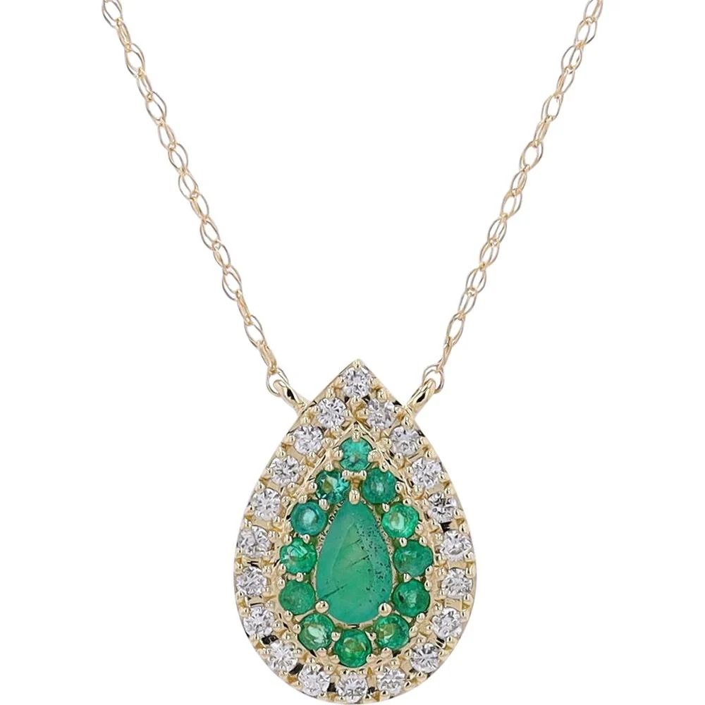 14K Yellow Gold Gemstone Drop Pendant with Pear-Shaped Emerald and Diamond Halo - 0.52 Carat Total Gemstone Weight