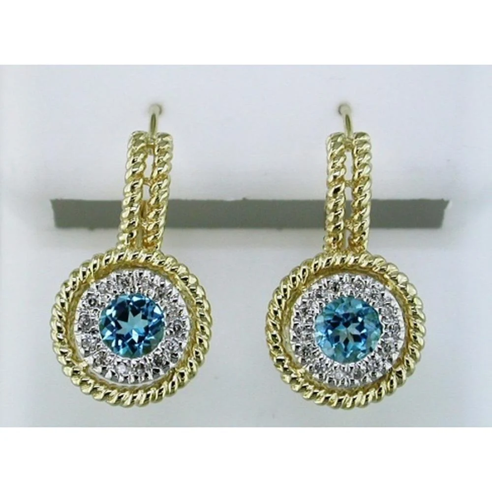 14K Yellow Gold Halo Drop Earrings with Round Blue Topaz and Diamond Accents - 0.85 Carat Total Blue Topaz Weight, 0.12 Carat Total Diamond Weight - Royal Jewelry