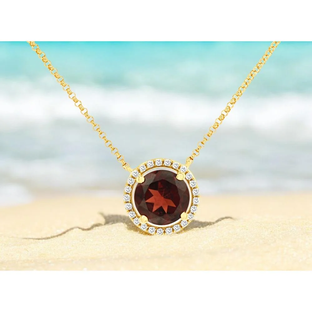 14K Yellow Gold Halo Pendant Necklace with 2.20 Carat Round Garnet and 0.14 Carat Diamond Accents - Royal Jewelry - Image 2