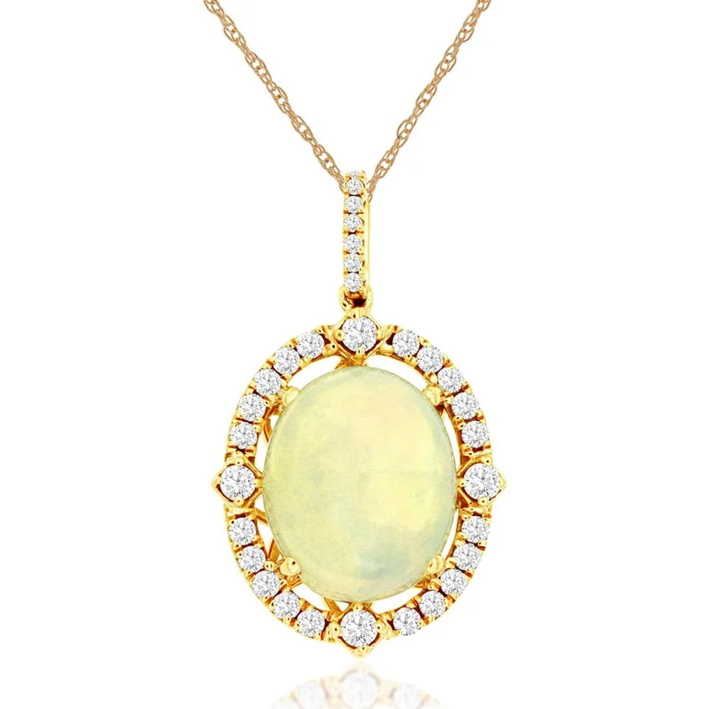 14K Yellow Gold Halo Pendant Necklace with 3.00 Carat Oval Cabochon Opal and 0.38 Carat Total Diamond Accents - Royal Jewelry