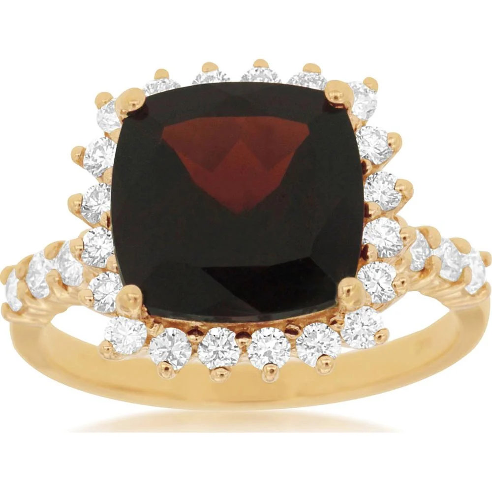 14K Yellow Gold Halo Ring with 4.60 Carat Cushion Cut Garnet and 0.65 Carat Round Diamond Accents - Royal Jewelry