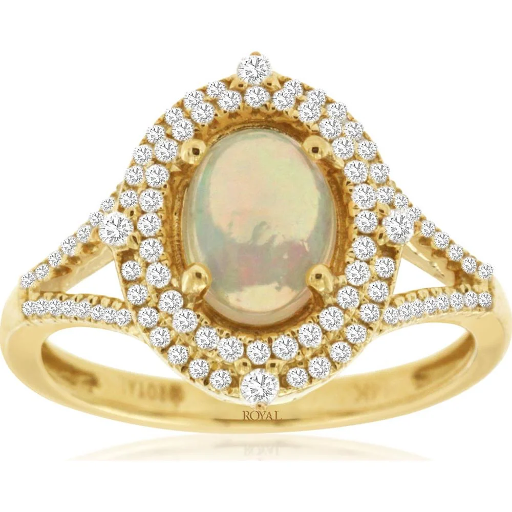14K Yellow Gold Halo Ring with Oval Cabochon Opal and Round Diamonds - 0.90 Carat Opal, 0.33 Carat Diamond Total Weight - Royal Jewelry