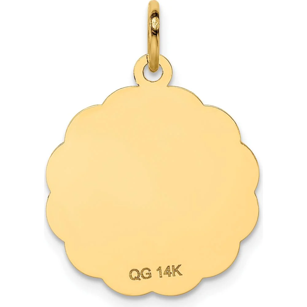 14K Yellow Gold "Happy Anniversary" 18mm Engravable Scalloped Edge Disc Pendant with Laser-Engraved Bells by Oro Pregiato - Image 4