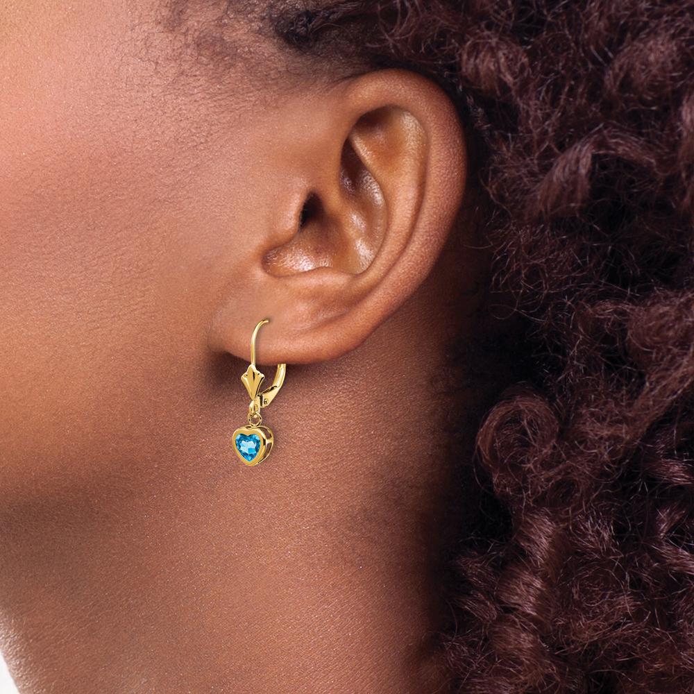 14K Yellow Gold Heart Blue Topaz Drop Earrings - 1.0 Carat Total Gem Weight by Monteluci Fine Jewelry - Image 3