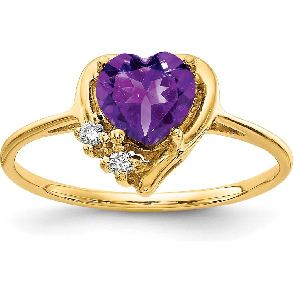 14K Yellow Gold Heart-Cut Amethyst and Diamond Accent Ring - 0.68 Carat Amethyst and 0.03 Carat Total Diamond Weight - Size 6 by Monteluci Fine Jewelry
