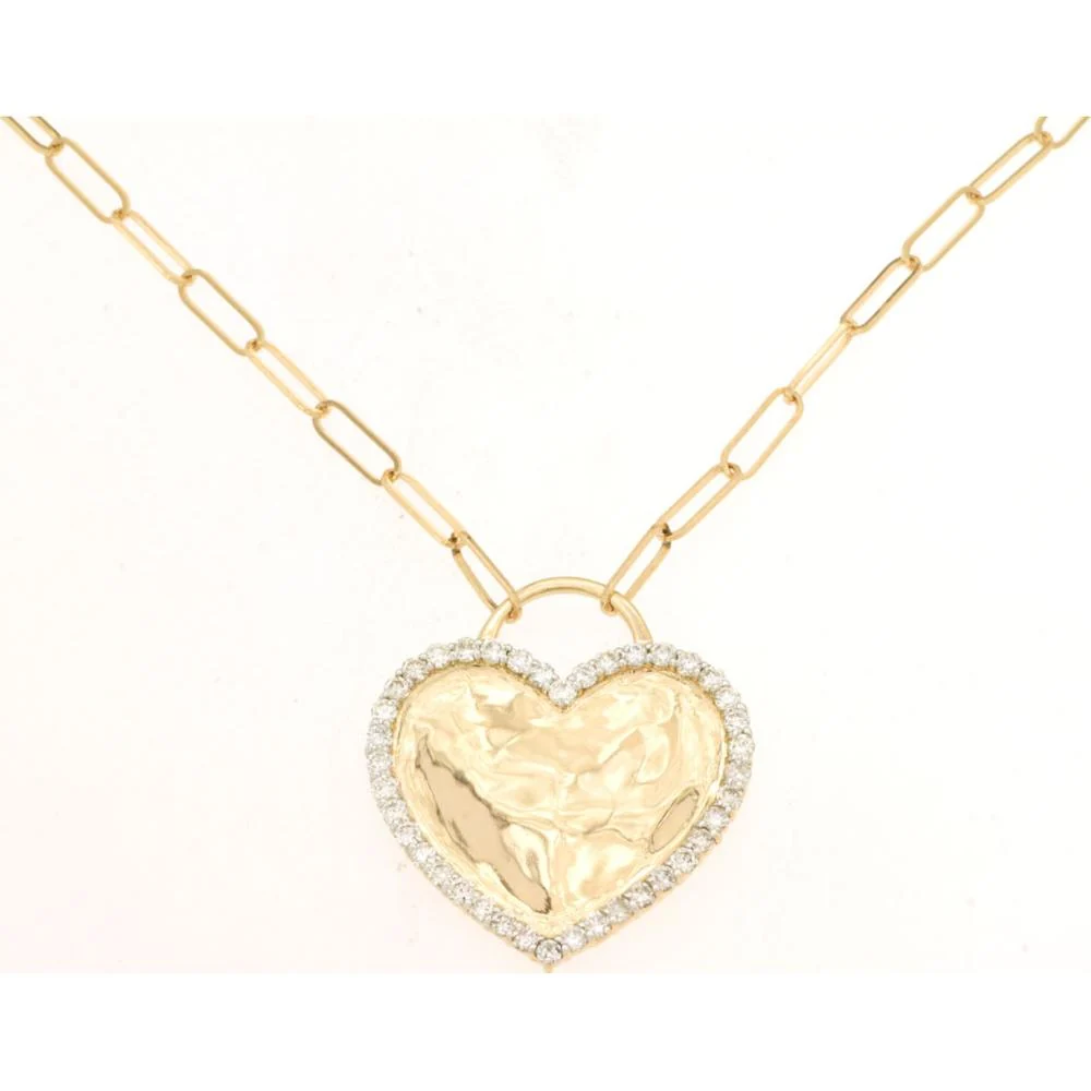 14K Yellow Gold Heart Pendant Necklace with Paperclip Chain and 0.50 Carat Total Weight Diamond Halo - Royal Jewelry