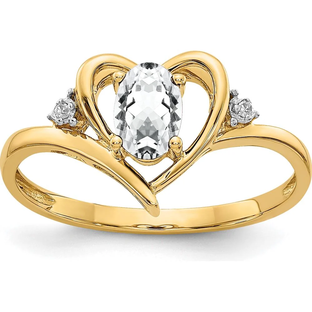 14K Yellow Gold Heart Ring with Oval White Topaz and Round Diamonds - 0.55 Carat Total Topaz Weight - Size 7 by Oro Pregiato