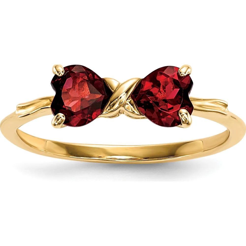 14K Yellow Gold Heart-Shaped Garnet Bow Ring with Polished Finish - Size 7 by Oro Pregiato