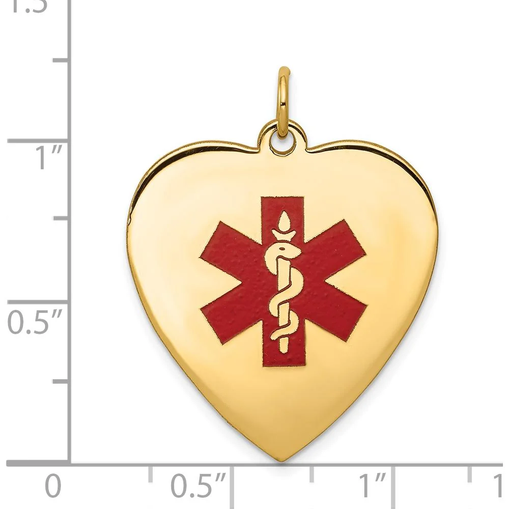 14K Yellow Gold Heart-Shaped Red Enameled Medical Alert Pendant with Caduceus Symbol - Engravable, Polished Back by Oro Pregiato - Image 3