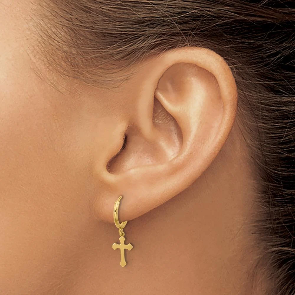 14K Yellow Gold Hinged Dangle Cross Hoop Earrings by Oro Pregiato - Image 3