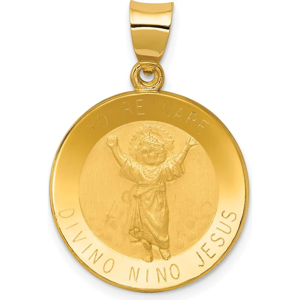 14K Yellow Gold Hollow Divino Niño Round Medal Pendant with Polished & Brushed Finish by Oro Pregiato