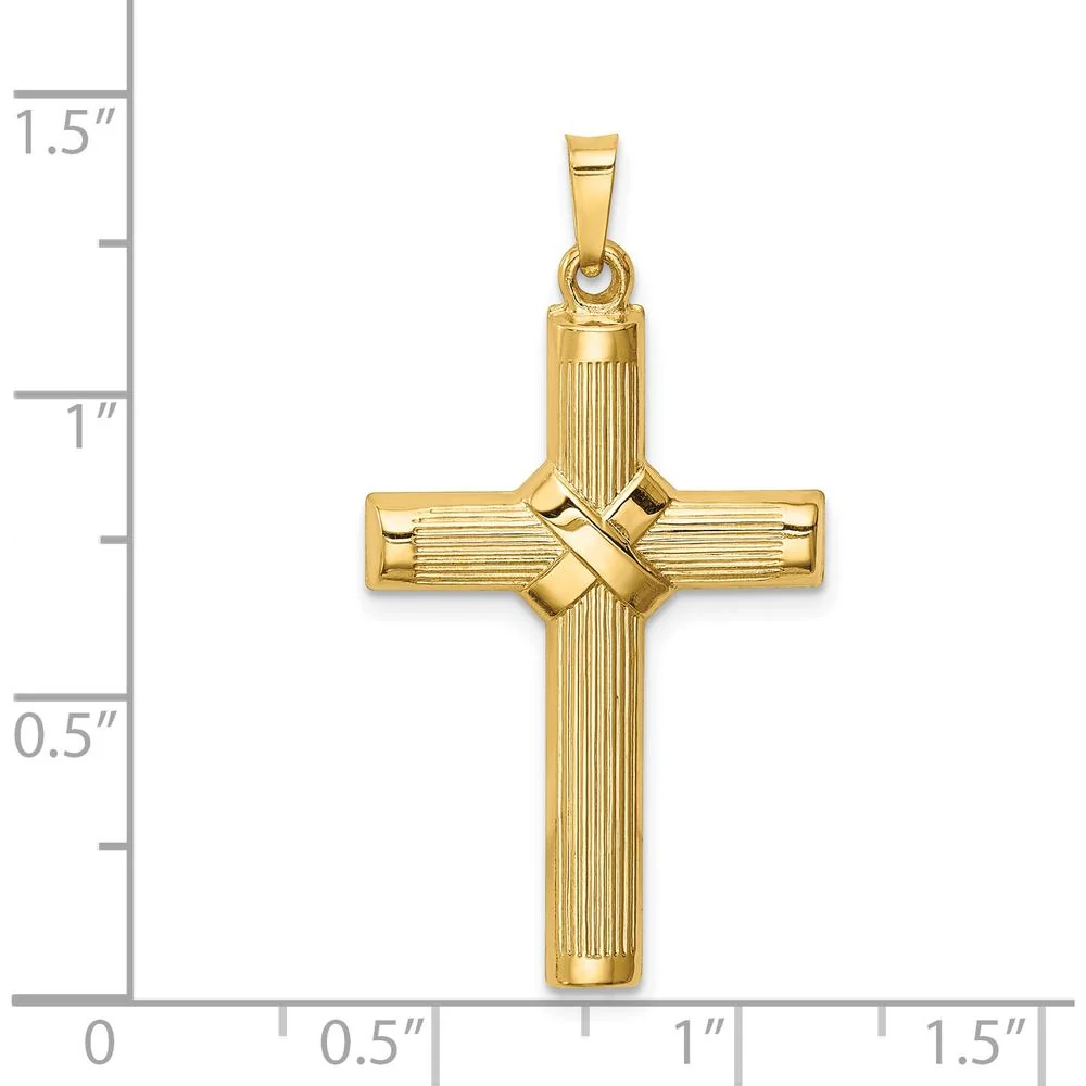14K Yellow Gold Hollow Polished Center-X Cross Pendant with Striped Texture - 36.25mm in Length by Oro Pregiato - Image 4