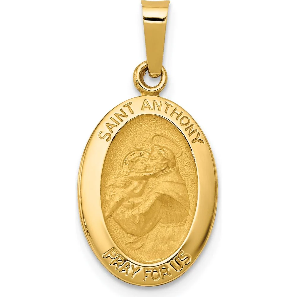 14K Yellow Gold Hollow St. Anthony Medal Small Oval Pendant - Satin Finish by Oro Pregiato