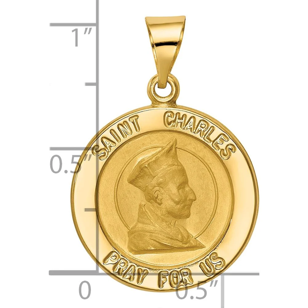 14K Yellow Gold Hollow St. Charles Medal Pendant with Satin and Polished Finish by Oro Pregiato - Image 3