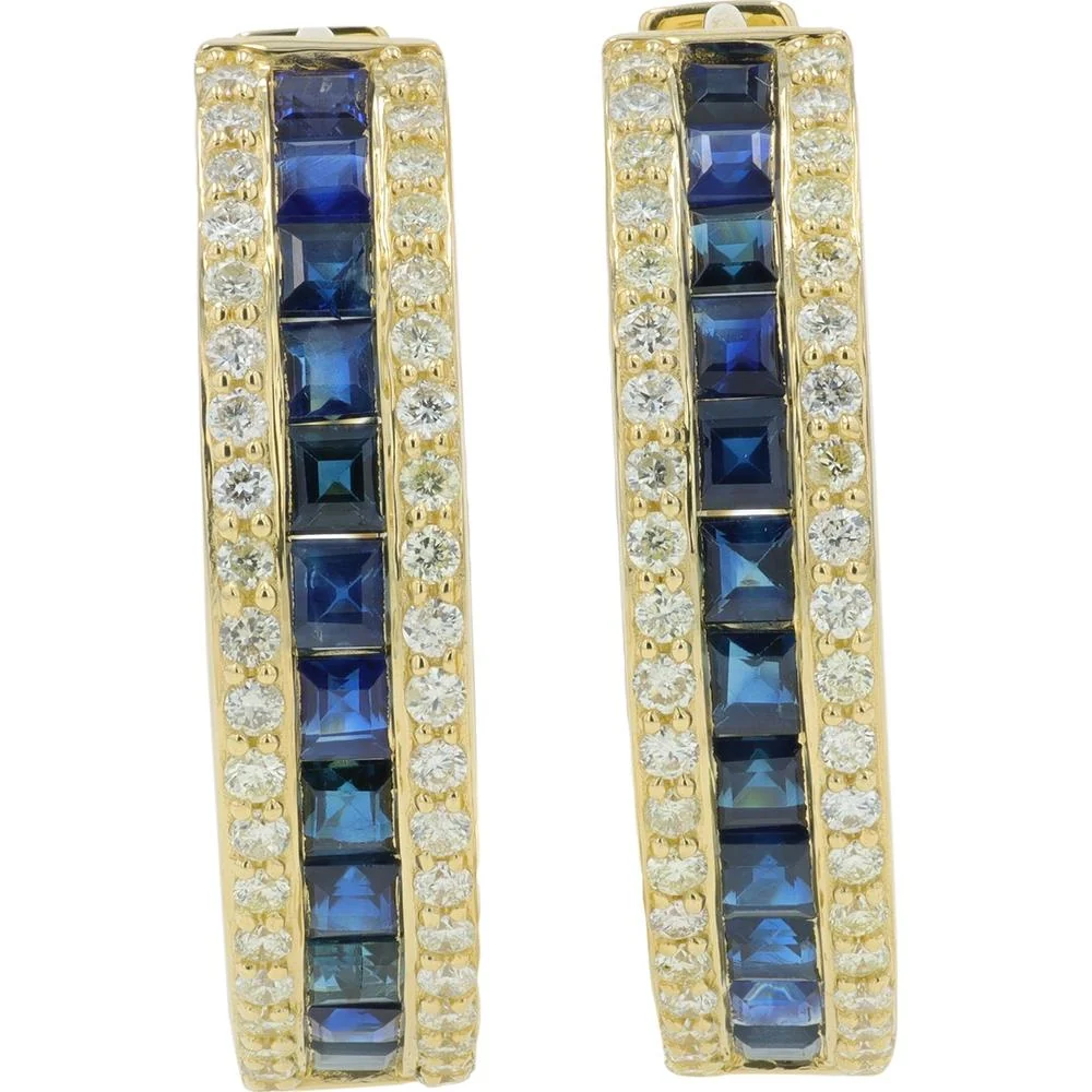 14K Yellow Gold Hoop Earrings with Square-Cut Sapphire and Diamond Accents - 9.00 Carat Total Sapphire Weight, 0.75 Carat Total Diamond Weight