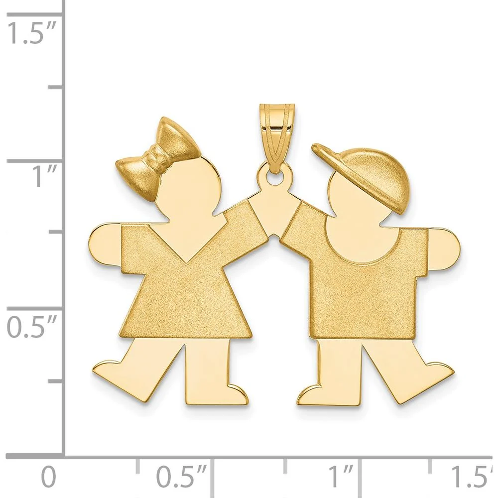 14K Yellow Gold Kids Solid Engravable Medium Girl and Boy Holding Hands Charm - 26mm x 35mm by Oro Pregiato - Image 3